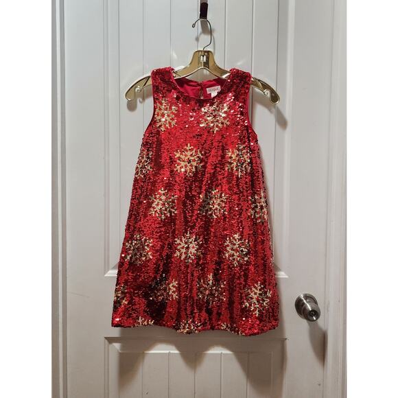 Cat & Jack Red Gold Sequin Snowflake Christmas Party Dress Size M 7-8 - Picture 1 of 6